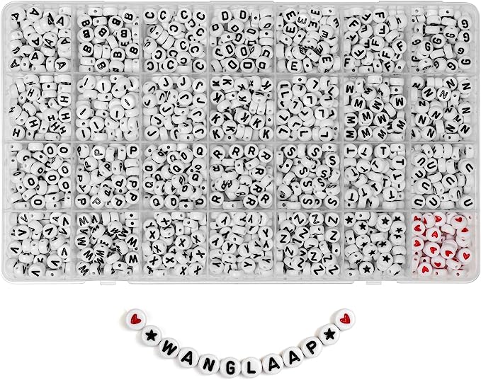 photo of alphabet beads with black lettering (and white beads with red hearts) for taylor swift bracelets